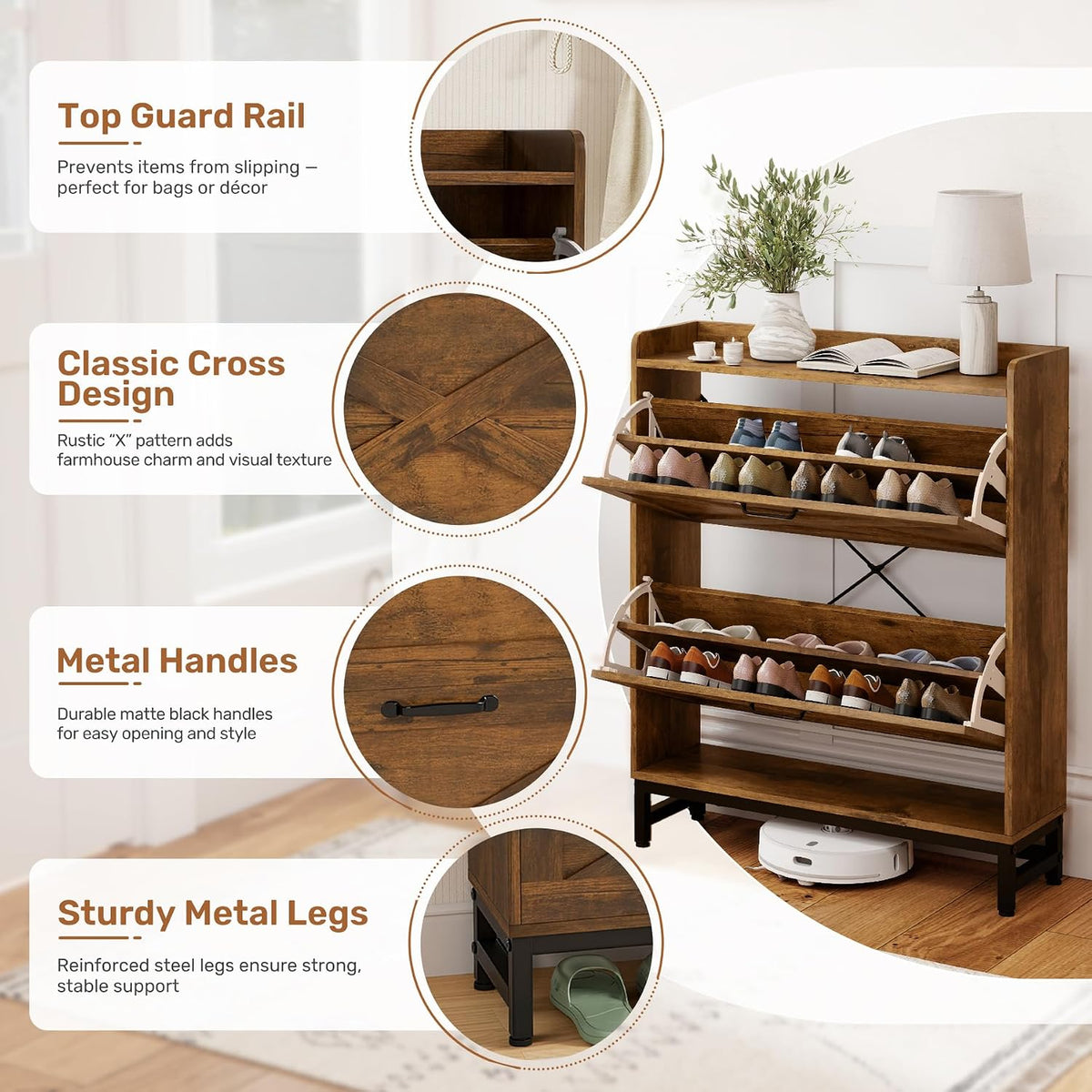 Miereirl Rustic Farmhouse Shoe Cabinet with 2 Flip Drawers, Narrow Entryway Shoe Storage Organizer for 12–16 Pairs, Space-Saving Hallway Shoe Rack with Metal Frame & Top Shelf for Bags & Decor