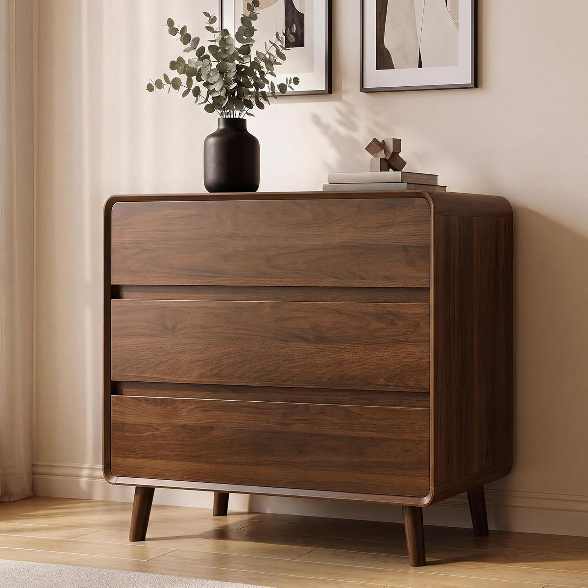 Nasonet 3 Drawer Dresser for Bedroom, Mid Century Modern Chest of Drawers, Curved Dresser with Storage Drawer, Wooden Bedroom Furniture Drawer for Closet, Home Office, Walnut