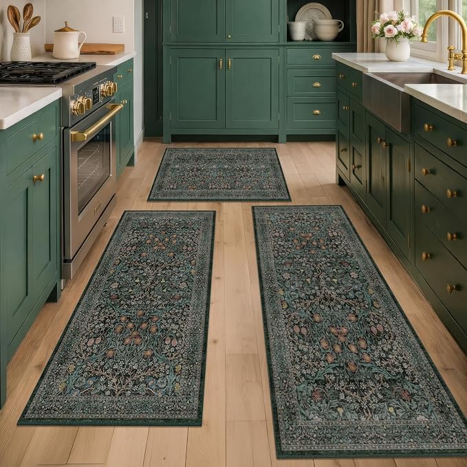 Black Green Kitchen Rug Set of 3, Washable Non-Slip Mats