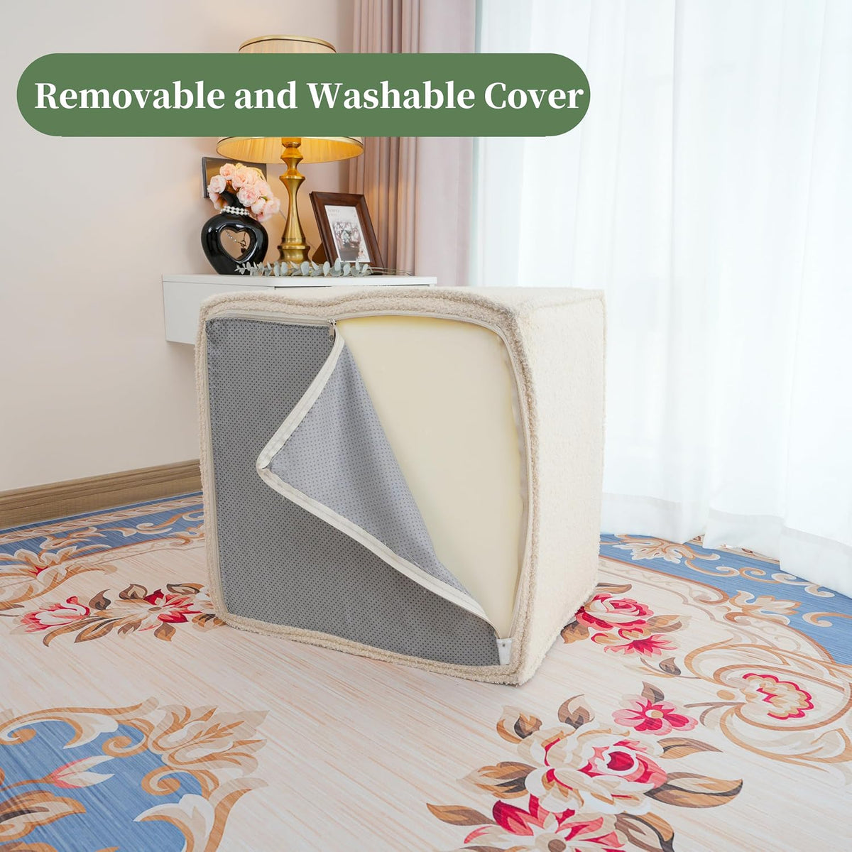Square Ottoman Foot Rest,Small Pouf for Couch - Boucle Upholstered Foot Stools Applicable to Living Room & Bedroom & Dorm - Compressed Ottomans,Beige