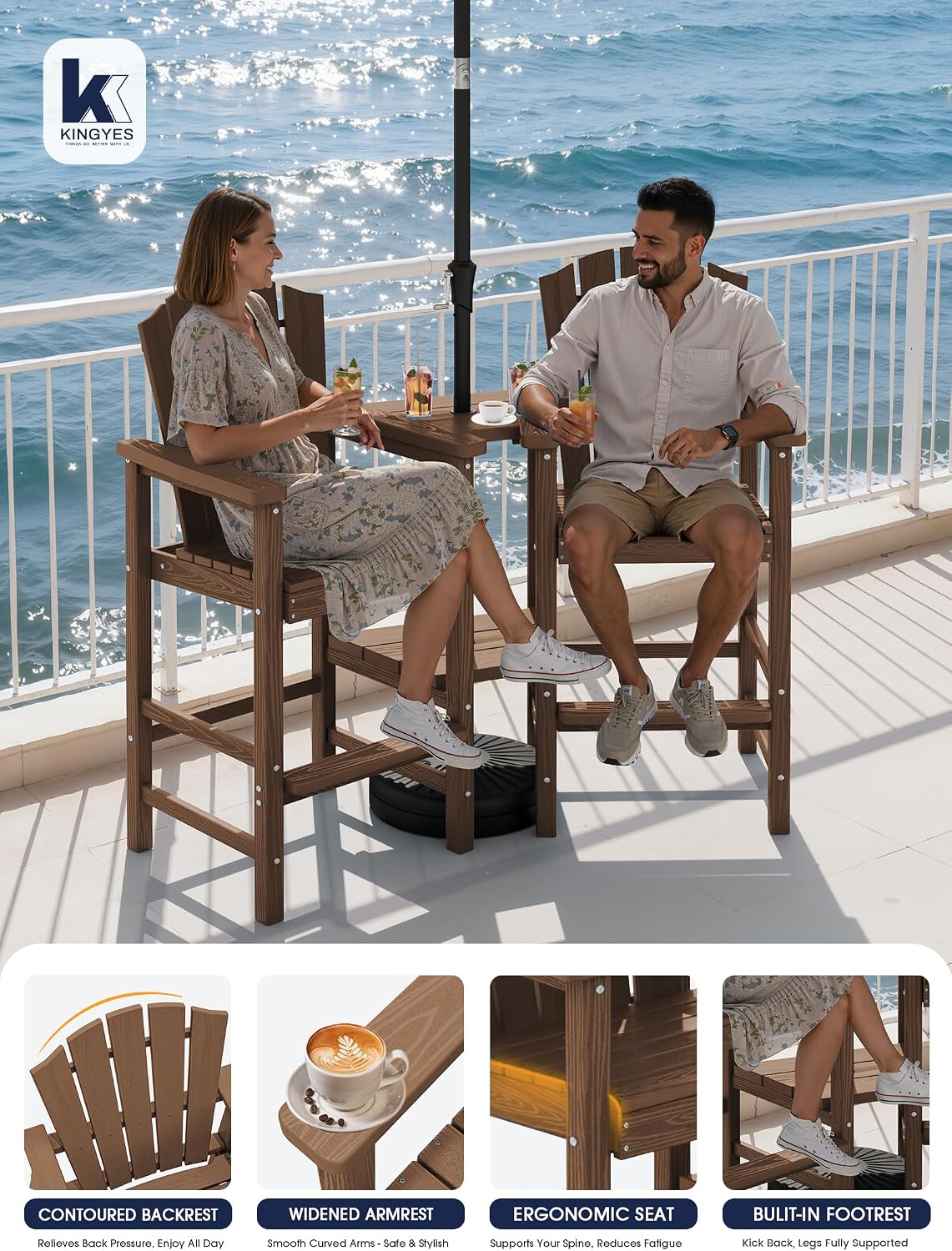 KINGYES Tall Adirondack Chair Set of 2 with Double Connecting Trays, Brown