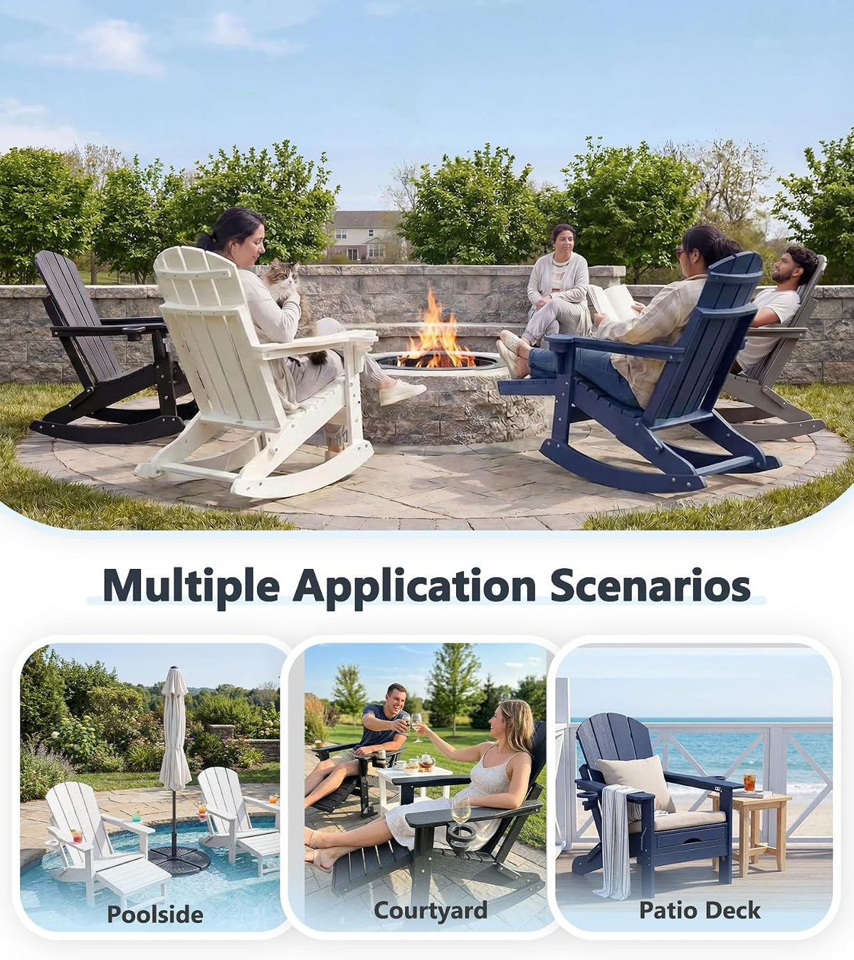 PASAMIC Adirondack Rocking Chairs Set of 2, Foldable All-Weather HDPE Patio Rockers with Retractable Ottoman & Cup Holder, Outdoor Chairs for Porch Backyard Pool Garden Balcony, Ebony Black