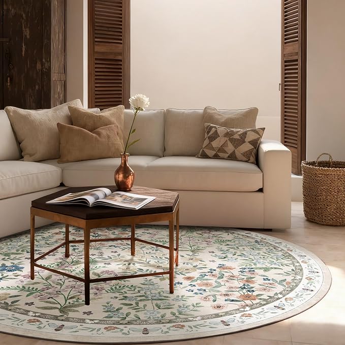 Washable Round Rugs for Bedroom 4ft: Living Room Rug Stain Resistant Non Slip