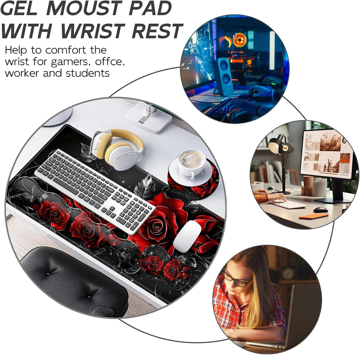 Gaming Mouse Pad Set, Swirl red Roses Large Desk Mat Mousepad, Keyboard Wrist Support, Mouse Wrist Rest, Coaster 4in1 Ergonomic Memory Foam, Non-Slip Stitched Edge for Home Office