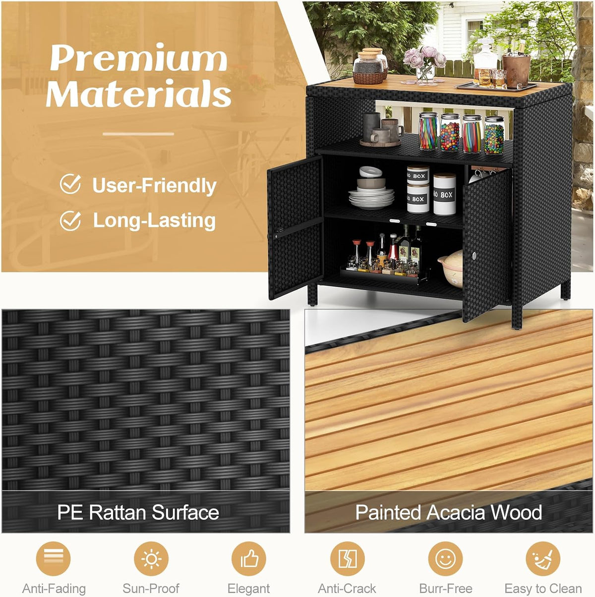 RELAX4LIFE Wicker Outdoor Bar Cabinet - PE Rattan Patio Bar Table