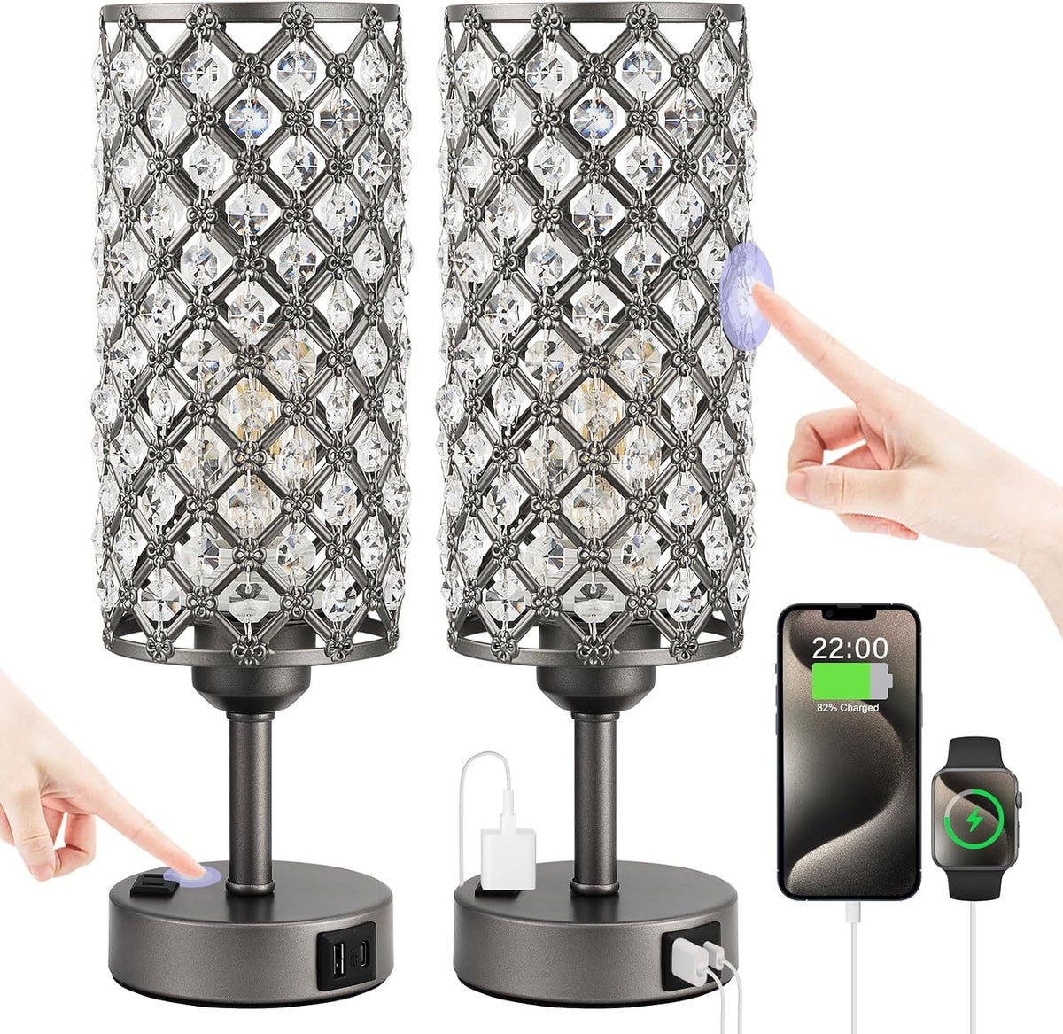 Hong-in Gray Crystal Lamp Touch Control Set of 2, Crystal Table Lamps with USB C+A Ports & AC Outlet, 3-Way Dimmable Nightstand Touch Lamp, Modern Bedside Table Lamp for Bedroom(Bulbs Included)