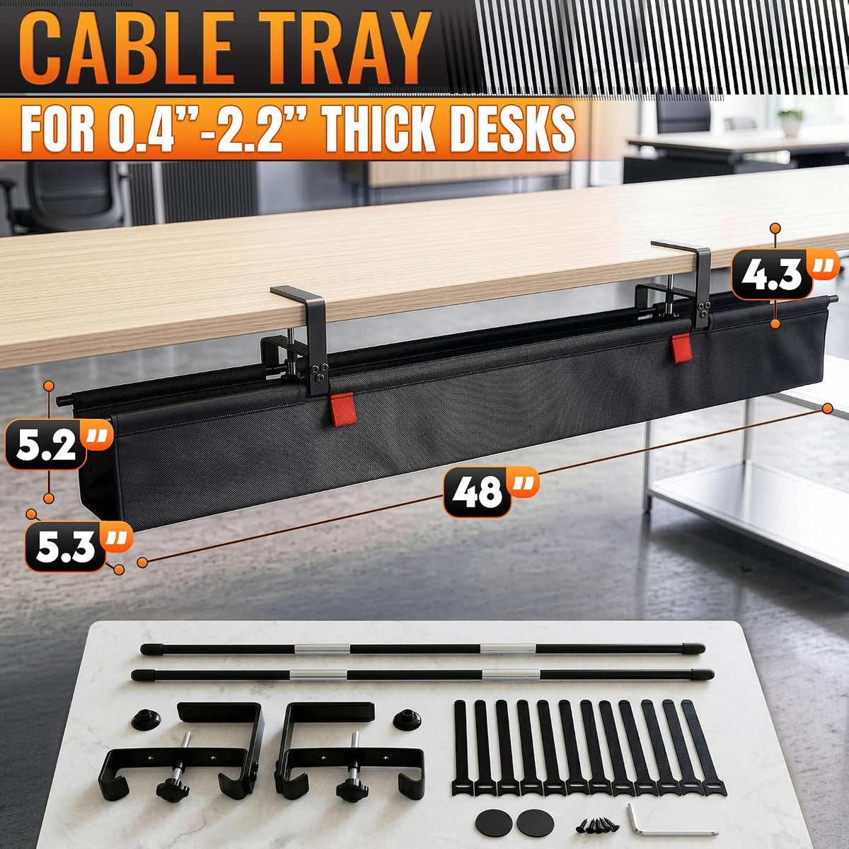 Under Desk Cable Management Tray 48" — No Drill Clamp-On Cord Organizer for Desk with Built-in Ties, Heavy Duty Metal Clamp, Foldable 600D Oxford Fabric for Home Office, WFH & Gaming PC Setup (Black)