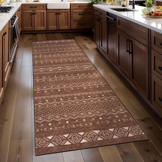 SERISSA 2x5 Kitchen Runner Rug, Washable Non-Slip Coffee Brown Boho Rug