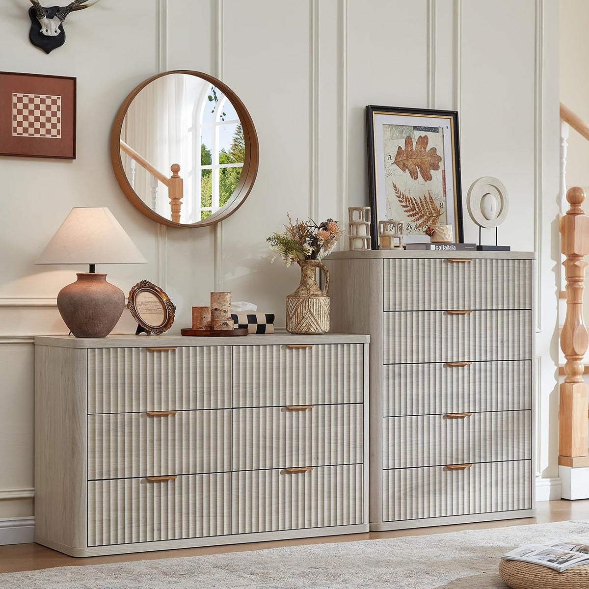 LEYAOYAO Fluted 5 Drawers Dresser Set of 2, 41" Tall Modern Chest of Drawers with Metal Handle, Curved Profile Dresser TV Stand, Wooden Drawer Organizer for Bedroom, Living Room, Hallway, Lightgrey
