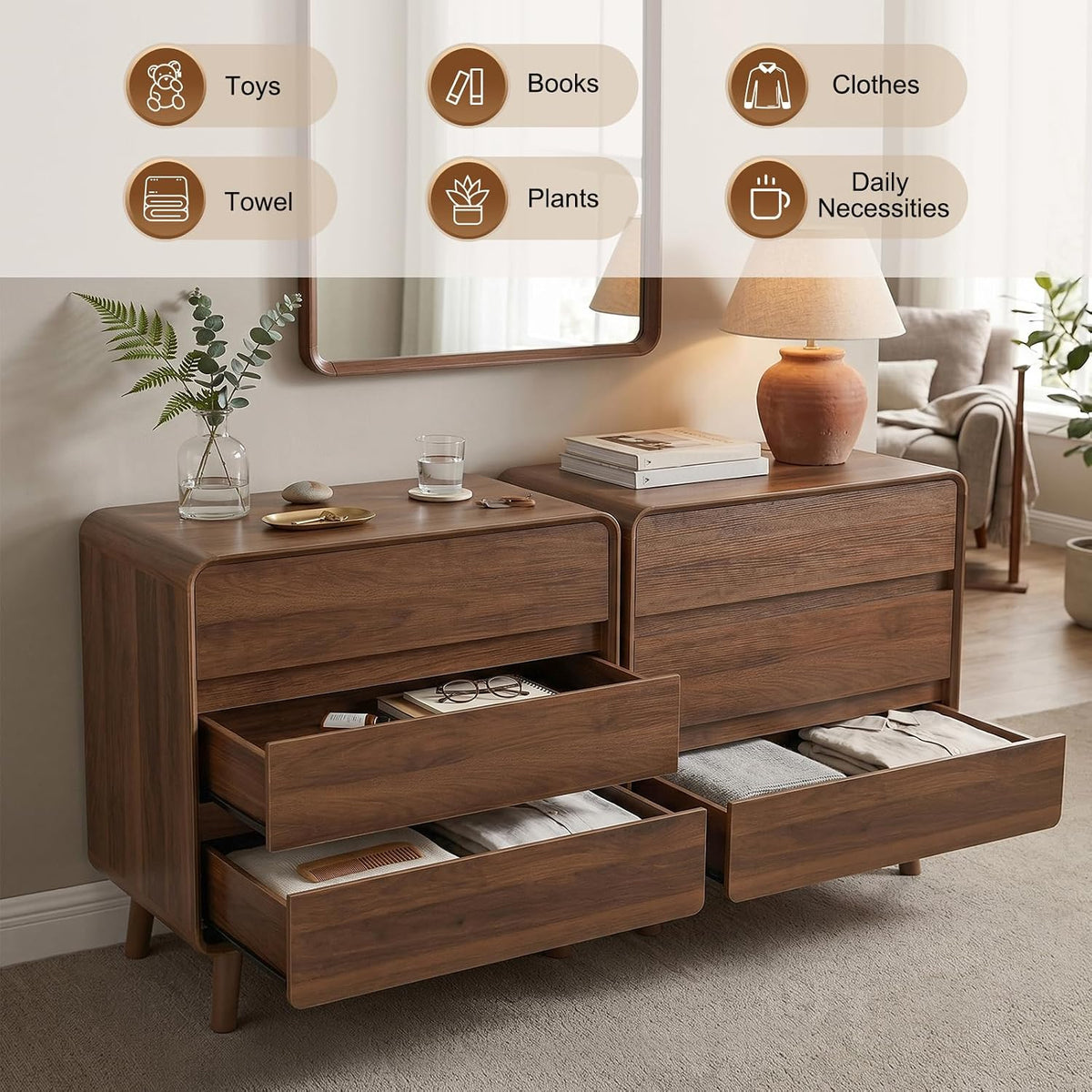 Nasonet 3 Drawer Dresser for Bedroom, Mid Century Modern Chest of Drawers, Curved Dresser with Storage Drawer, Wooden Bedroom Furniture Drawer for Closet, Home Office, Walnut