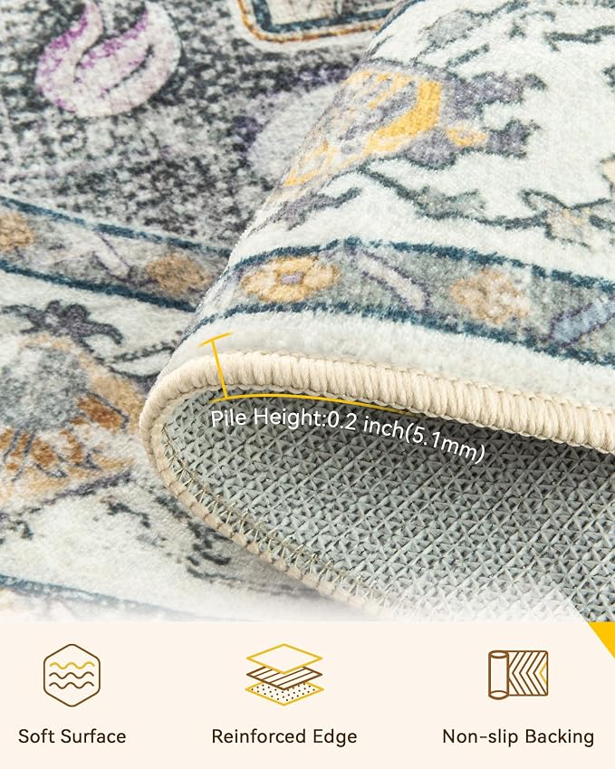 RELEANY Area Rugs Round 8ft Washable Non-Slip, Floral Vintage Distress