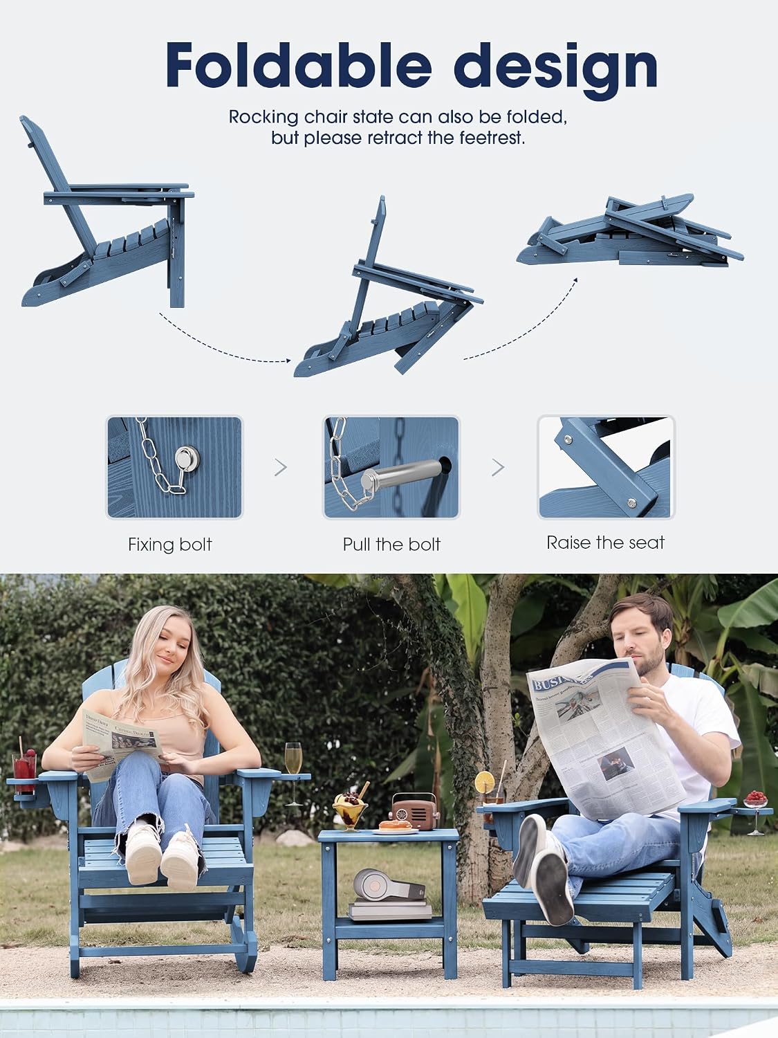 KINGYES HDPE Adirondack Rocking Chair with Footrest and Cup Holders