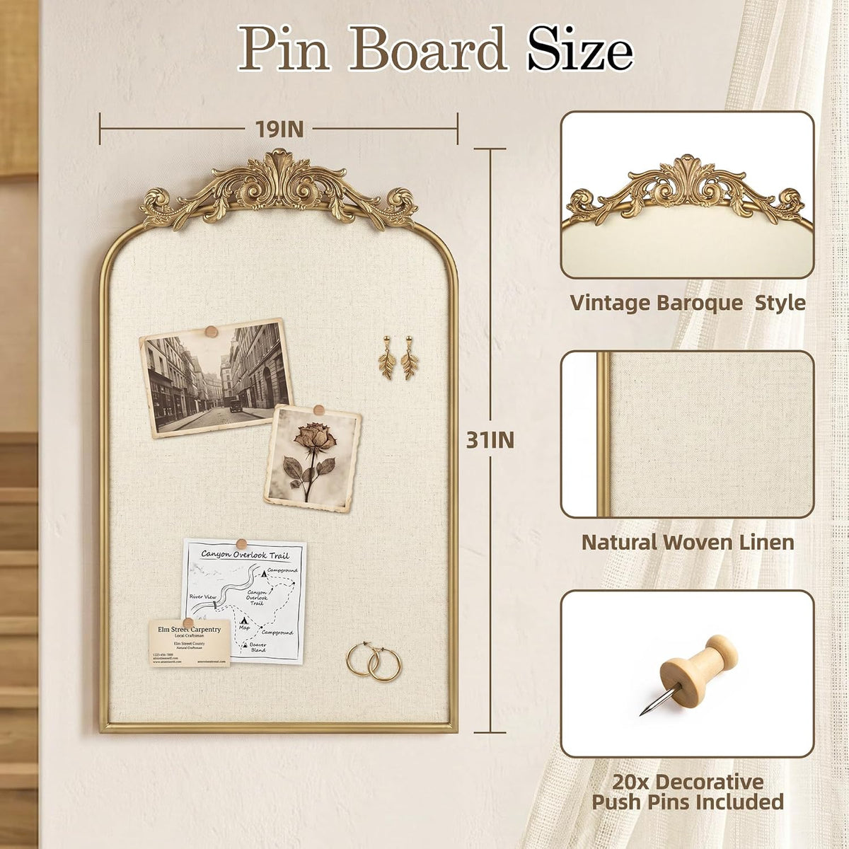 Vintage Linen Bulletin Board with Ornate Gold Frame, Wall Pin Board 19"x31"