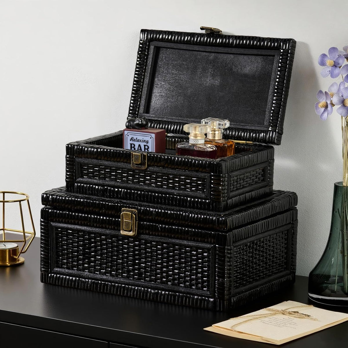 2PCS Rattan Box with Lid Decorative Natural Handmade Boho Basket