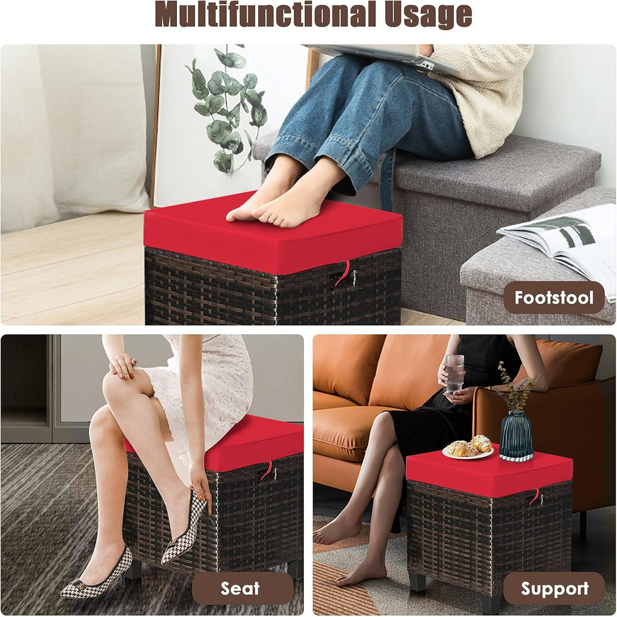 ORALNER Set of 2 Outdoor Ottoman, 16" Wicker Footstools, All-Weather Rattan Cube Foot Stool w/Removable Cushions, Square Footrest Extra Seating for Patio, Porch, Deck, Easy Assembly (Red)