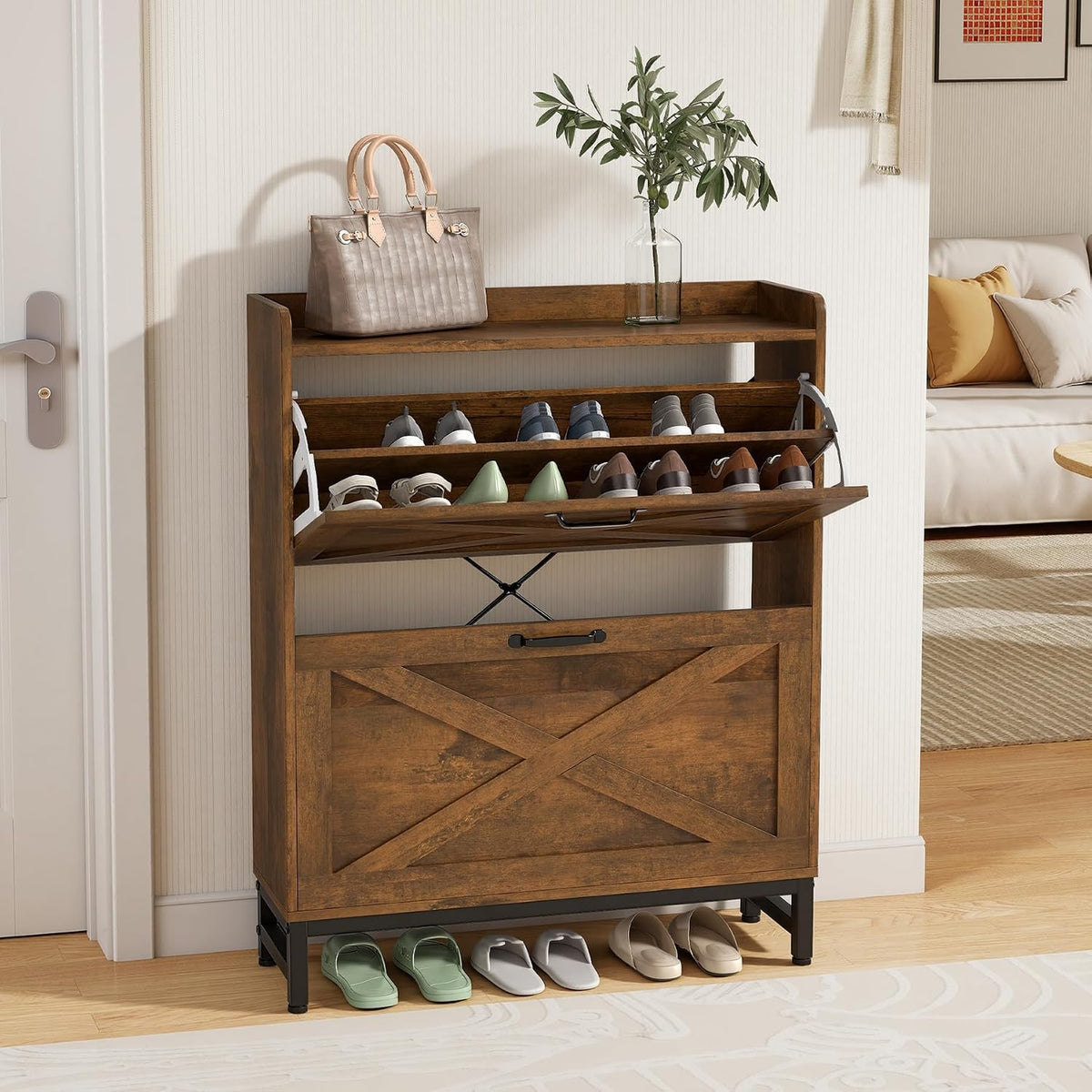 Miereirl Rustic Farmhouse Shoe Cabinet with 2 Flip Drawers, Narrow Entryway Shoe Storage Organizer for 12–16 Pairs, Space-Saving Hallway Shoe Rack with Metal Frame & Top Shelf for Bags & Decor