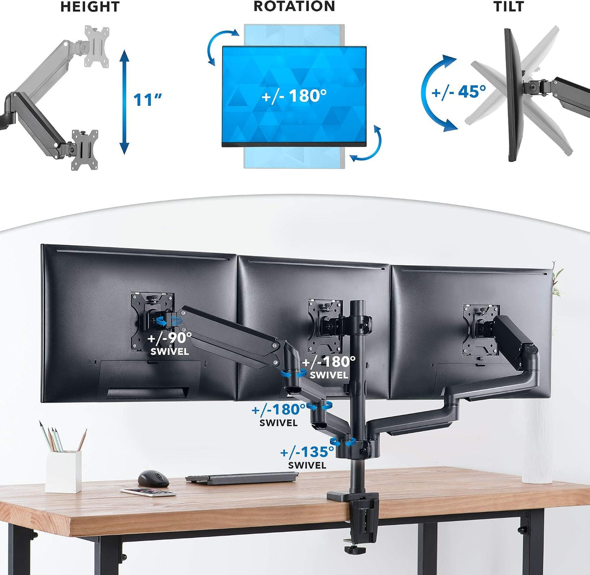Mount-It! Triple Monitor Desk Mount with Full Motion Arms, 3 Monitor Riser with Gas Spring Arms for 27" Max Computer Screens, Sturdy Dual Clamp Base, Black