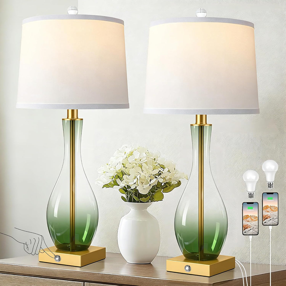 27" Glass Table Lamps Set of 2, Touch Dimming Nightstand Lamp with USB Port