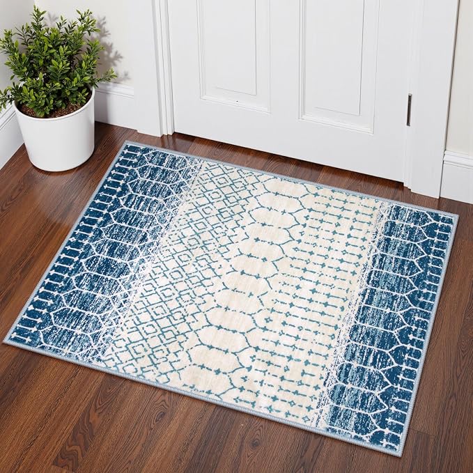 Lahome Moroccan Entryway Rugs Indoor 2x3 Area Rug Blue Non-Slip Backing