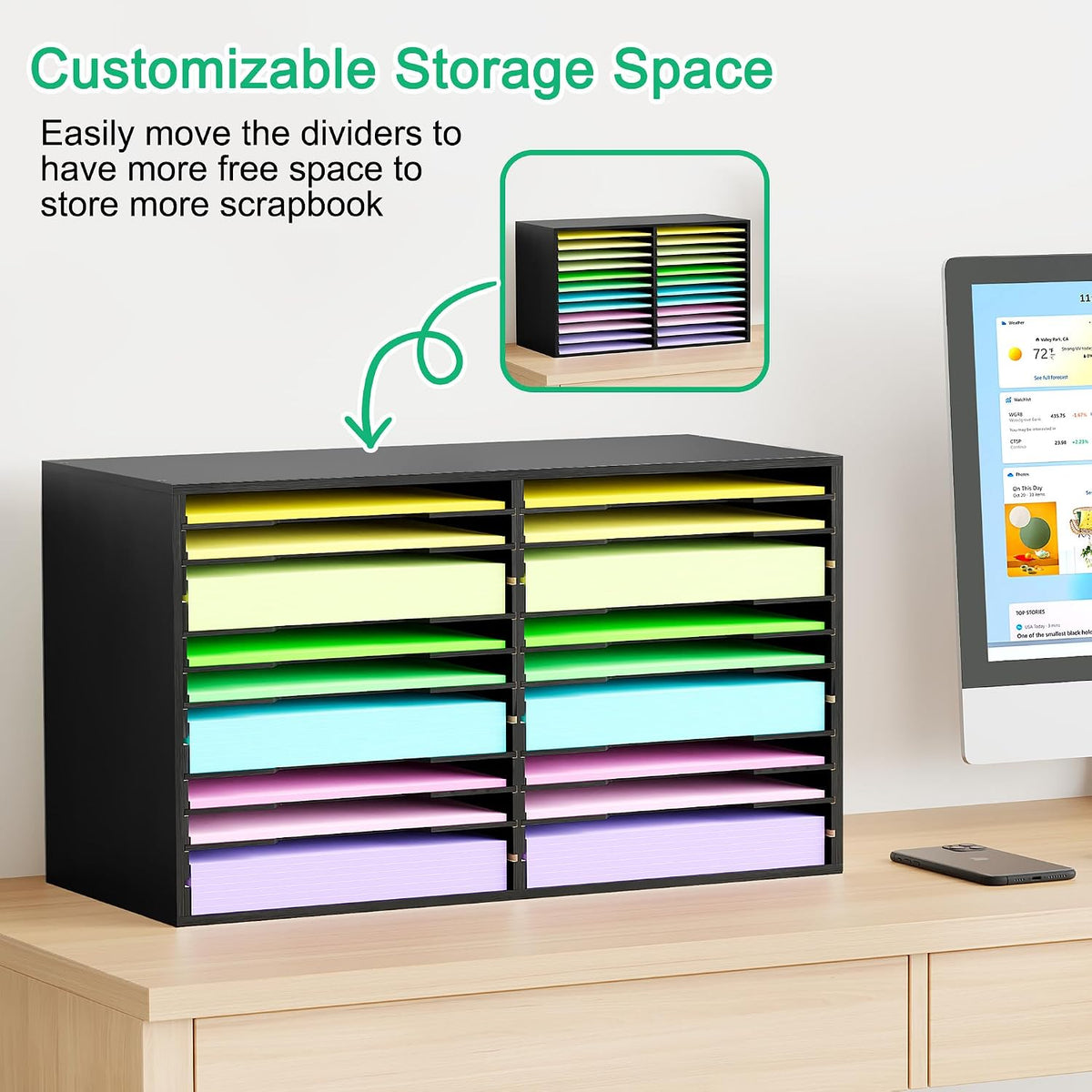EasyPAG Scrapbook Paper Storage Organizer for Craft Room, 12x12 Paper Storage Desk Shelf, 24 Slot Adjustable File Sorter for Office School Classroom, Black