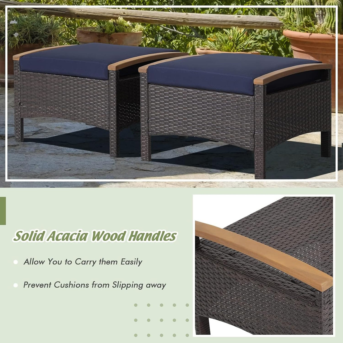 HAPPYGRILL Outdoor Patio Ottoman Set, PE Rattan Wicker Ottomans