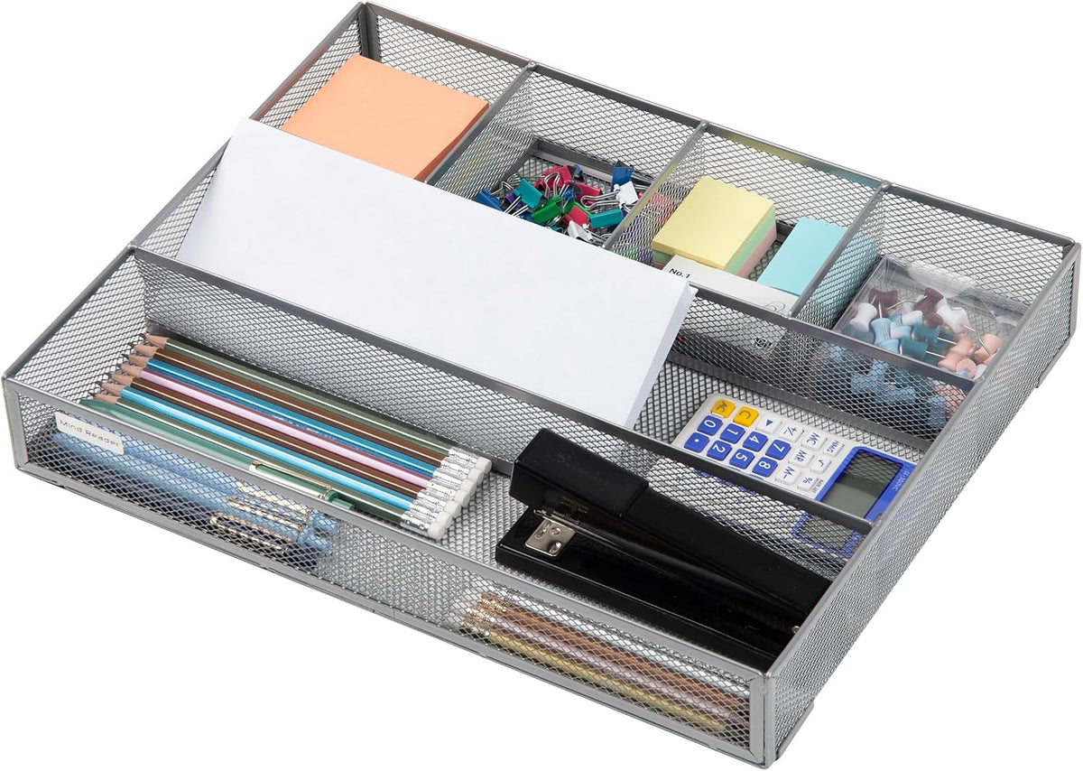 Mind Reader 6-Compartment Drawer Organizer, Metal Mesh Desk Organizer for Office, Kitchen, Utensils, Supplies, Set of 2, Silver