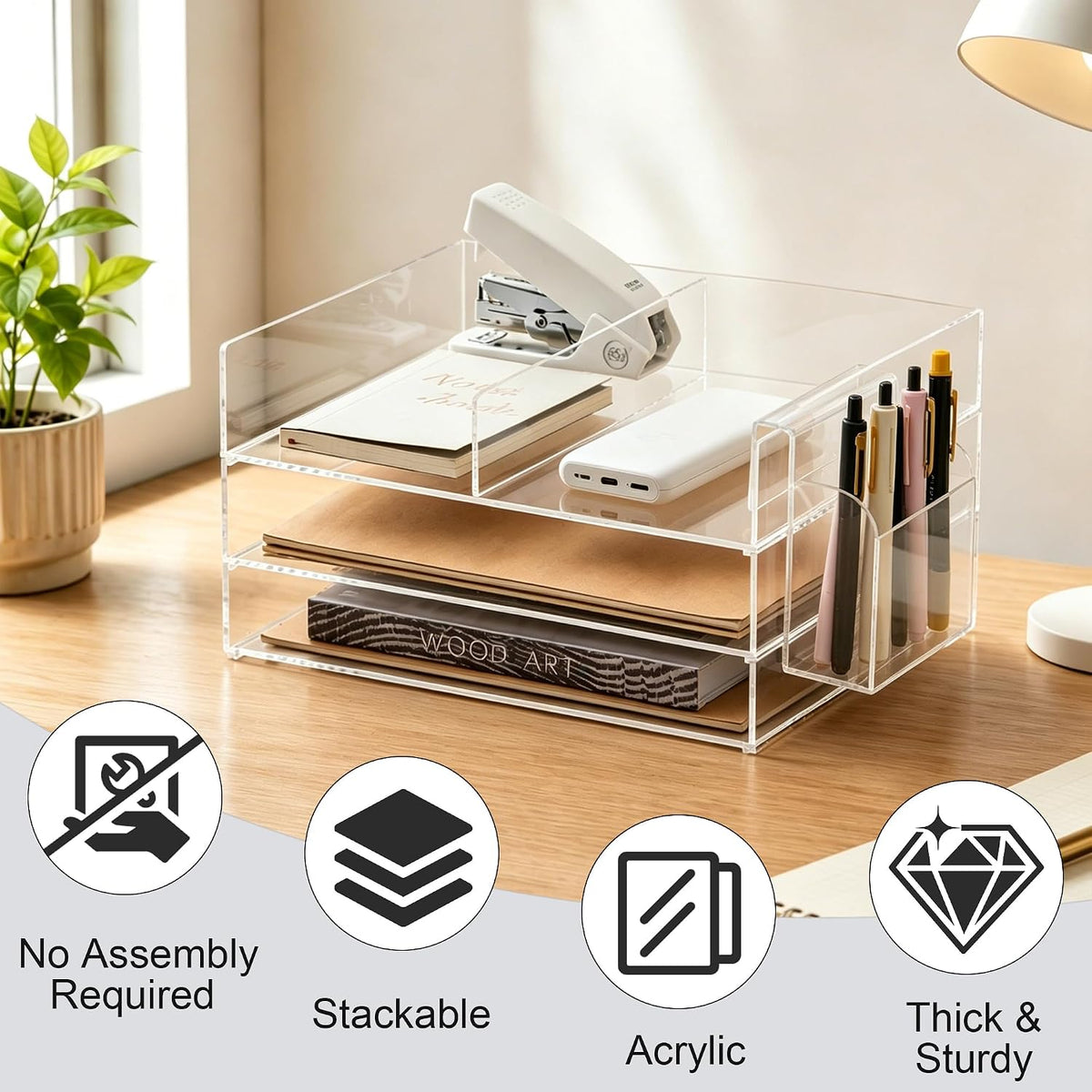 Clear Acrylic Desk Organizer with Pencil Holder – Paper Tray Office Storage