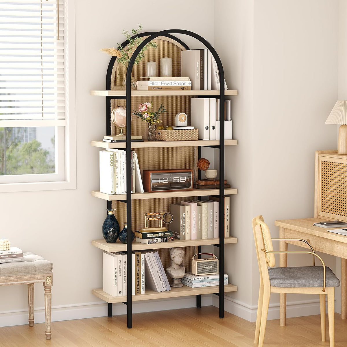 Yusong Bookshelf Rattan 5 Tier Arched Bookcase, 74" Tall Industrial Open Book Shelves for Living Room, Modern Freestanding Display Shelving Boho Storage Rack with Metal Frame for Office, Brown