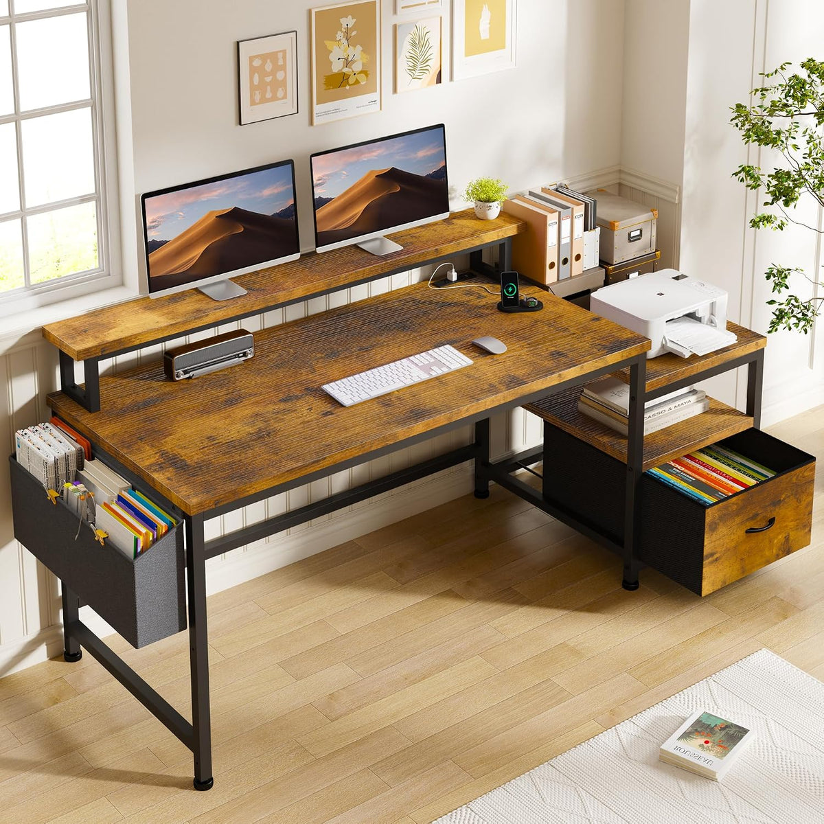 EnHomee 56.5" Office Desk with Drawers & Printer Space for Home Work,Brown