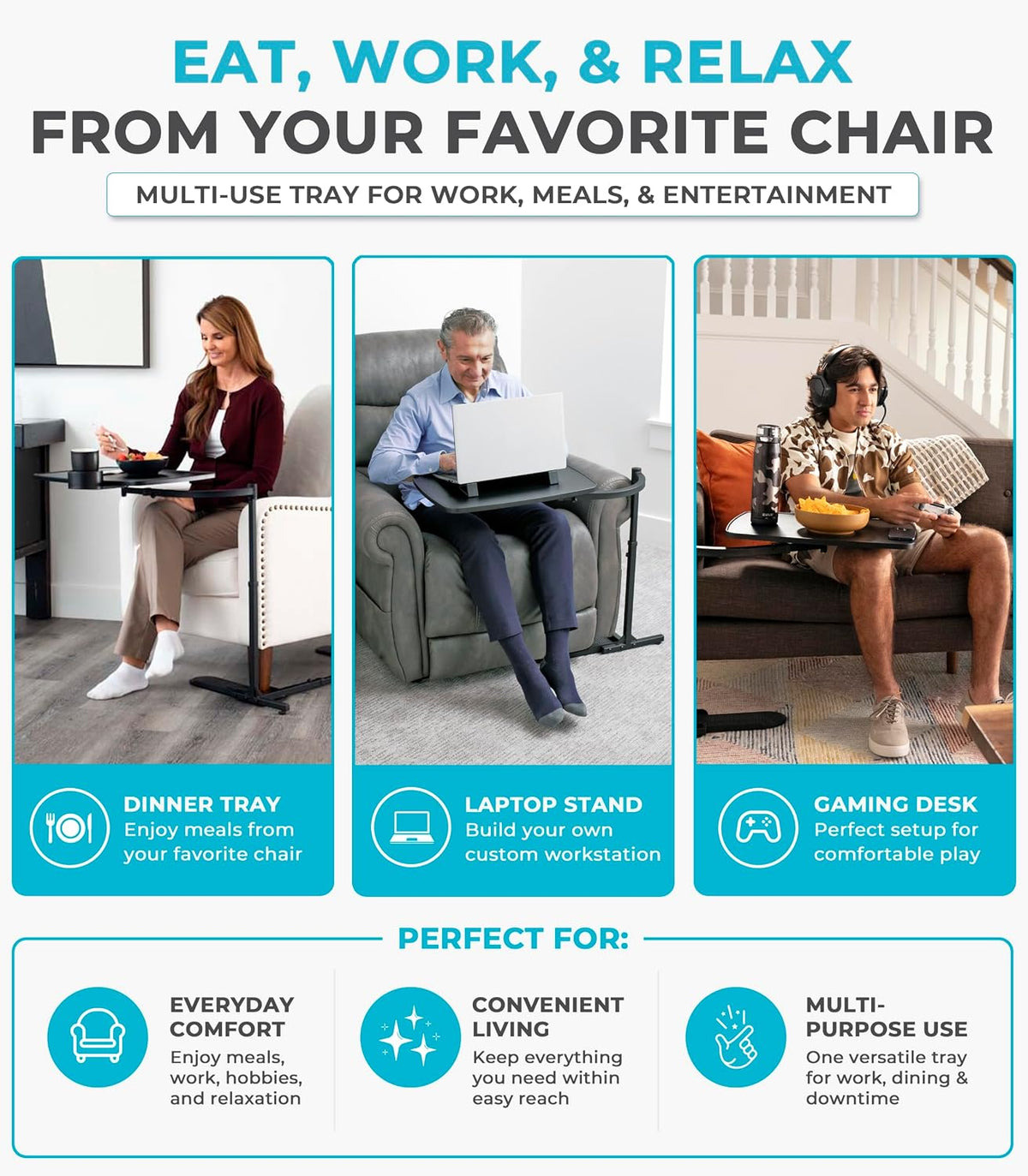 Stander Wonder Tray, Adjustable Swivel Table, Extra-Large Computer Stand, Couch Desk & Gaming Bench, TV-Trays for Eating on Couches, Chairs, Recliners with Laptop Wedges and Cup Holder, XL, Black
