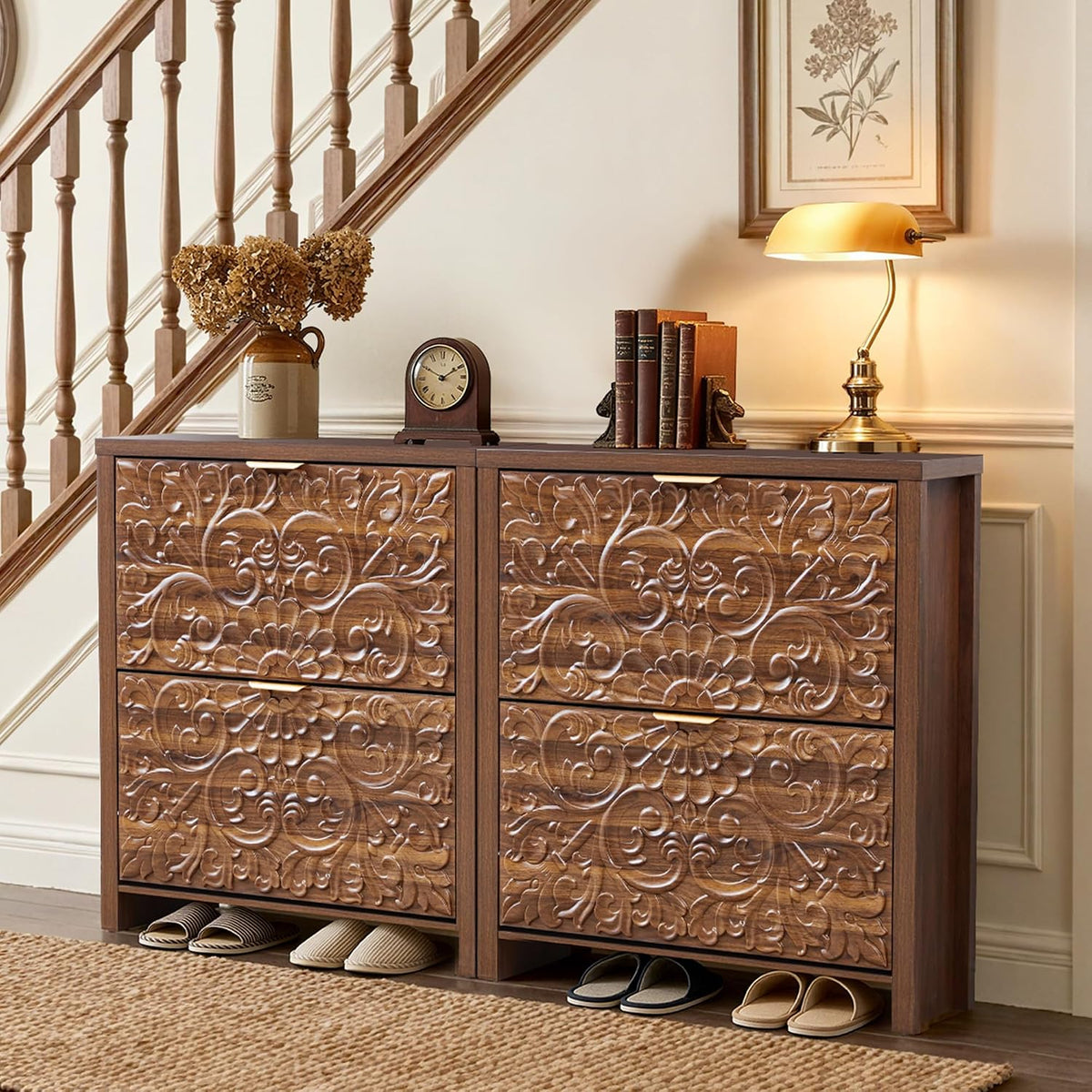 Shoe Cabinet with Flip Drawers, Narrow Shoe Storage Cabinet, 2-Tier Hidden Shoe Organizer with Floral Embossed for Entryway, Mid-Century Modern Slim Shoes Storage for Hallway Foyer (1, Walnut)