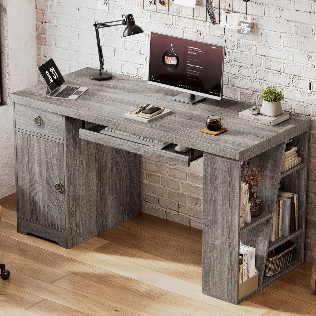 HSH 55" Office Desk with Keyboard Tray, Modern Computer Desk with Storage