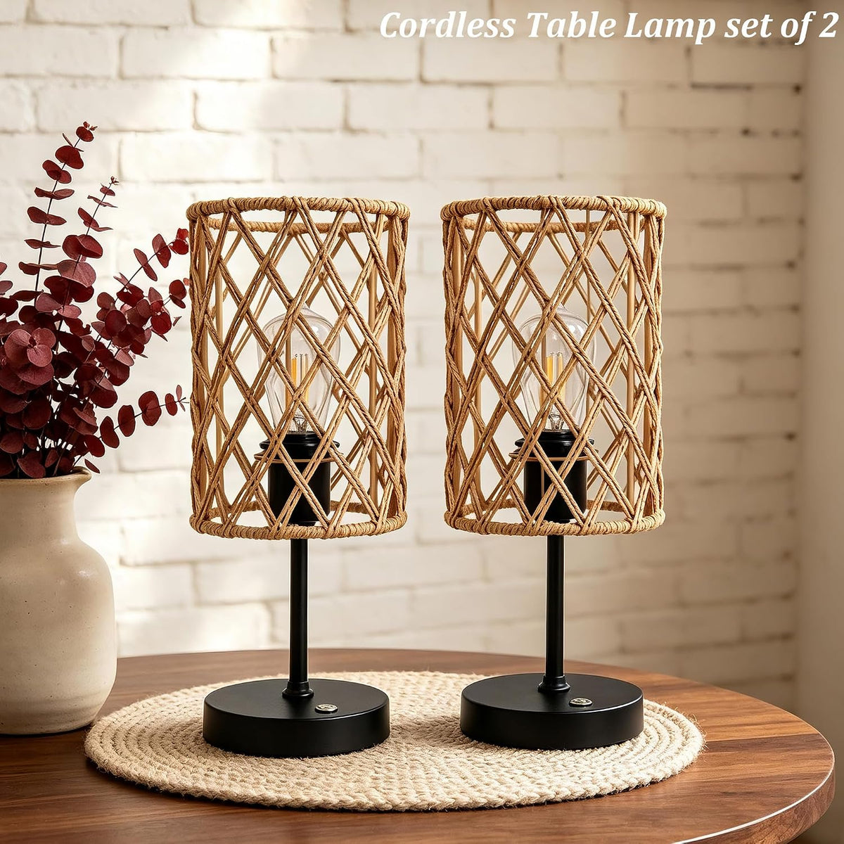 Rechargeable Outdoor Patio Table Lamps, Set of 2 Cordless Battery Operated Portable Boho Rattan Table Lights, for Covered Porch Balcony Garden Decor (Beige)