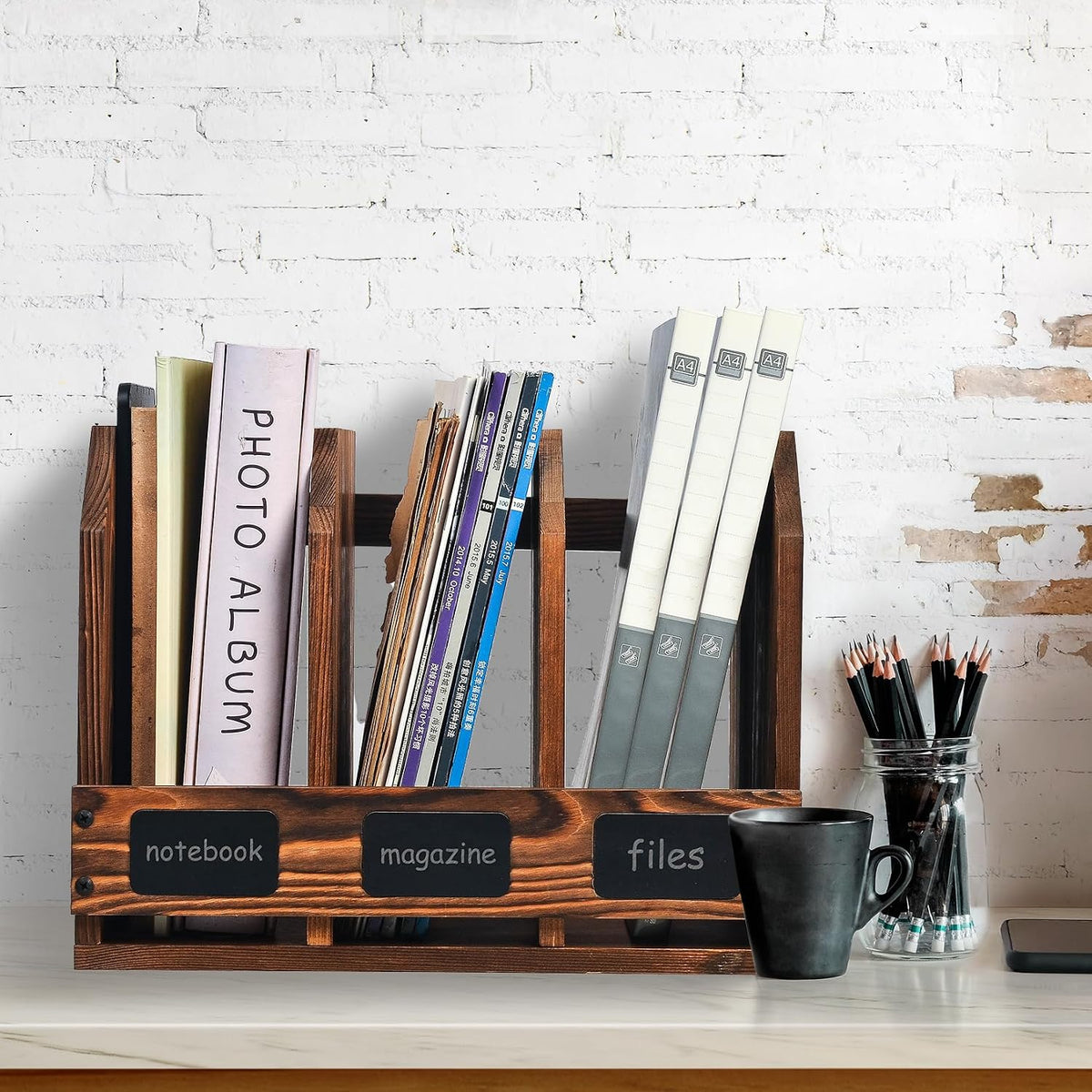 Rustic Torched Brown Wooden Desktop Document Organizer Office Chalkboard Labels File Folder Binder Sorter Storage Rack Multiple Compartments Table Organization Caddy Desk Shelf Paper Tray