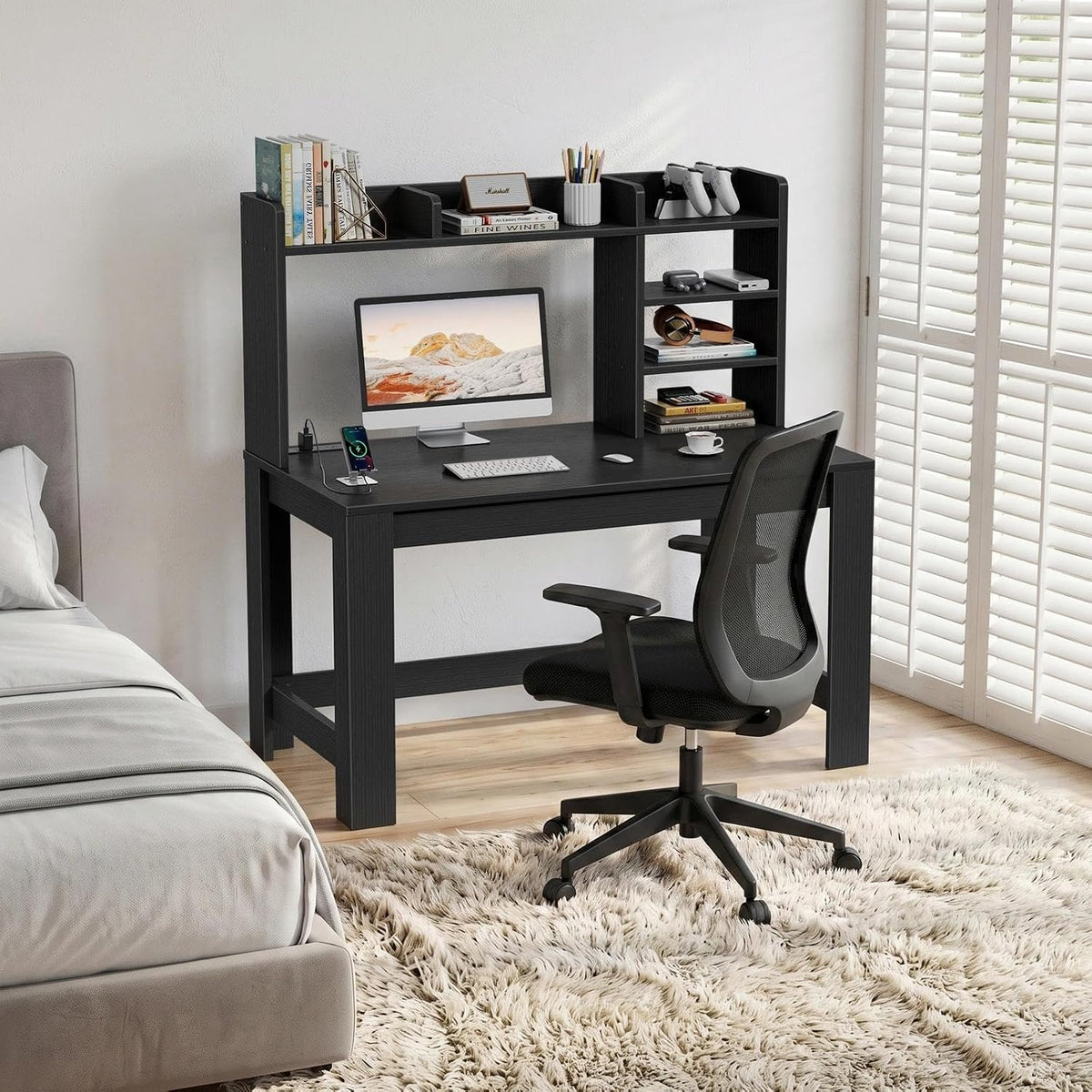 WINAZ 43" Black Gaming Desk with Hutch and Built-in Power Outlet