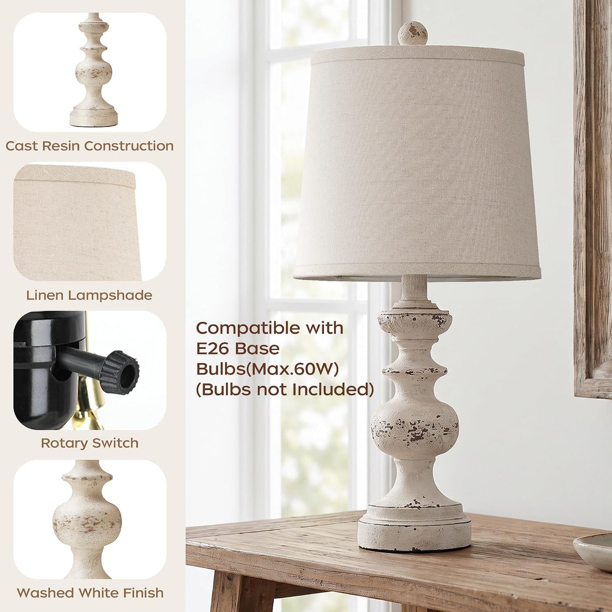 PARTPHONER Farmhouse Table Lamp Set of 2, Rustic Table Lamps for Living Room Bedroom, 22" Mid Century Modern Desk Lamp Bedside Nightstand Lamps with Linen Tapered Drum Shades, Washed White