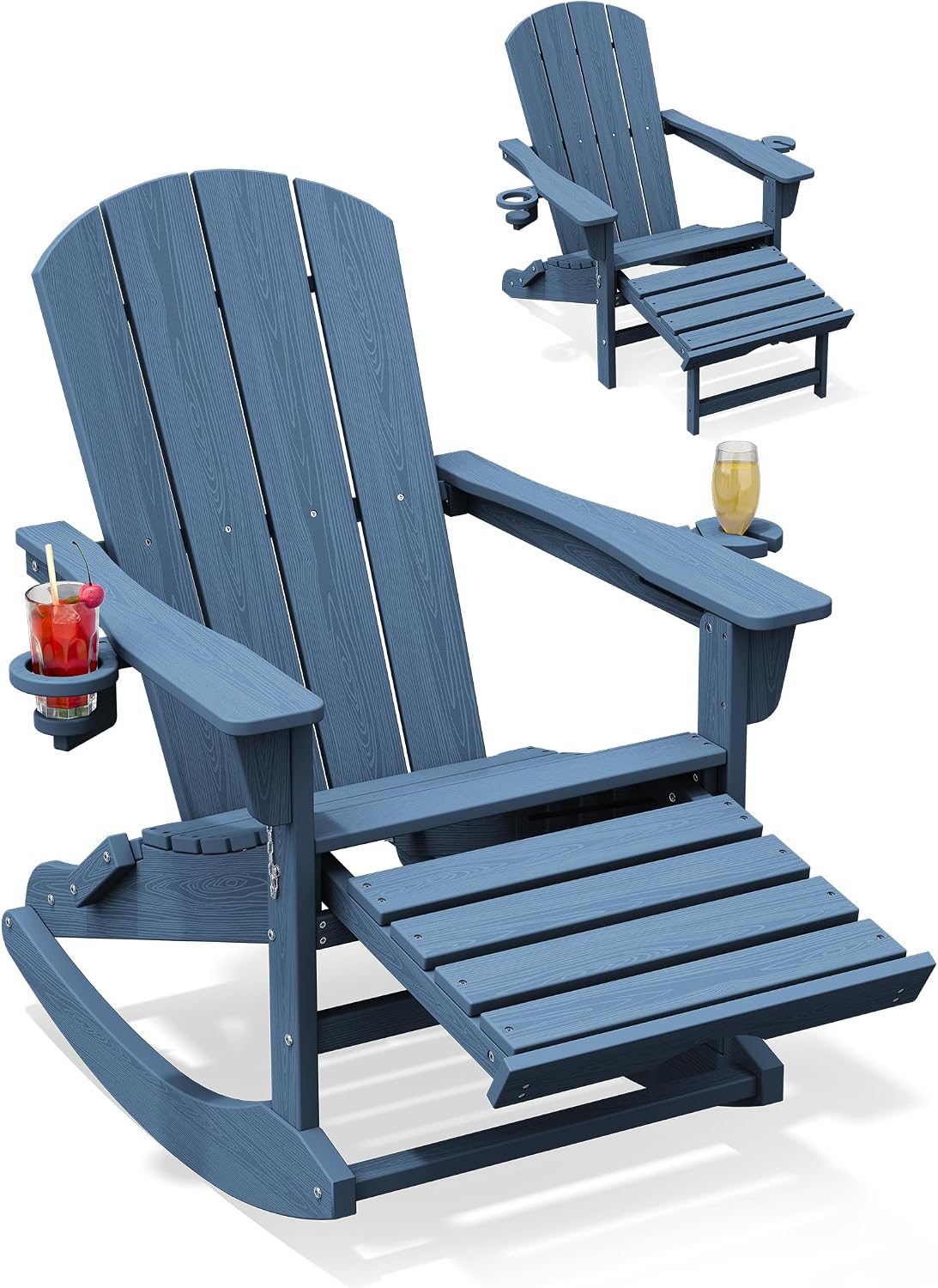 KINGYES HDPE Adirondack Rocking Chair with Footrest and Cup Holders