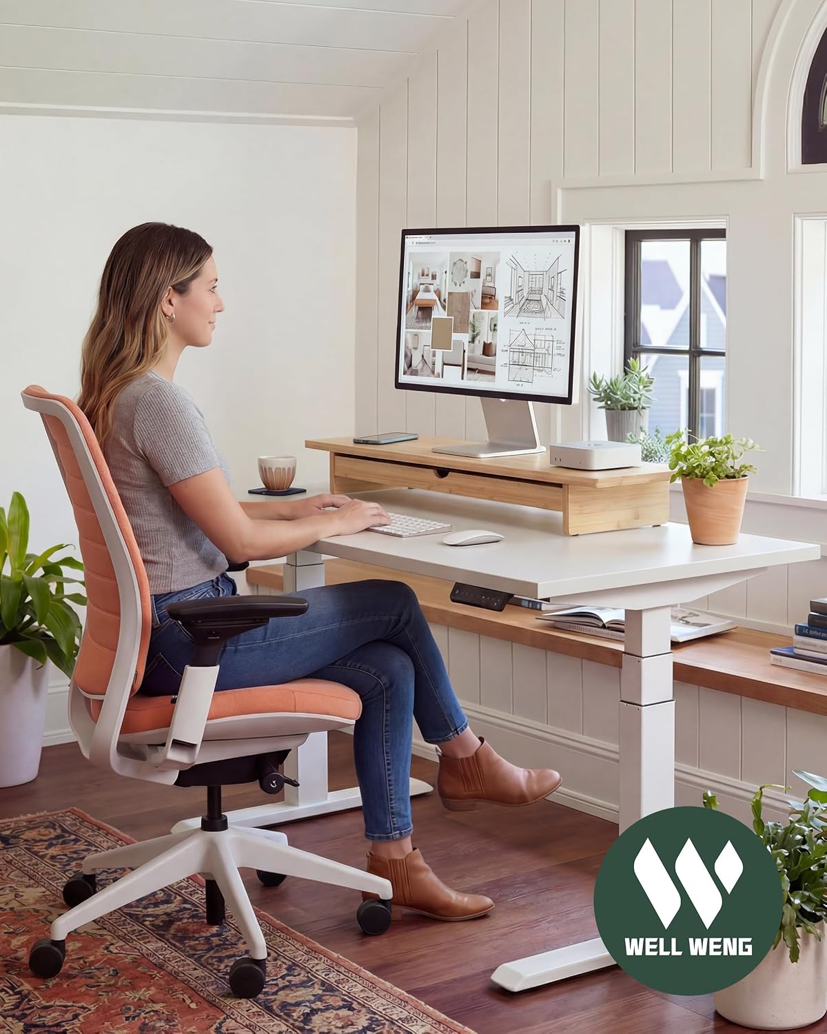 Dual Monitor Stand Riser with Drawer,Wood Desk Storage Shelf