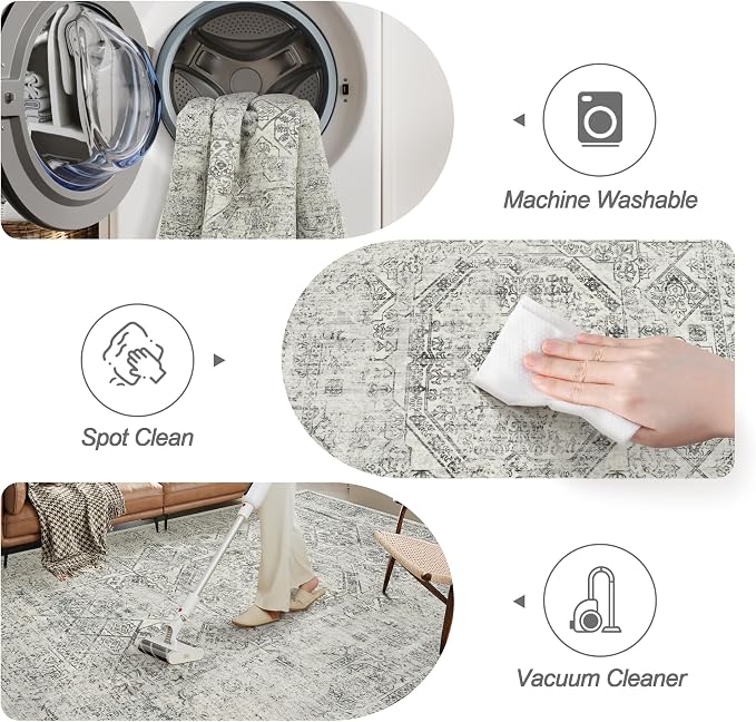 Soalmost 5x7 Area Rugs Grey Low Pile Indoor Washable Trendy Faded Style Floral