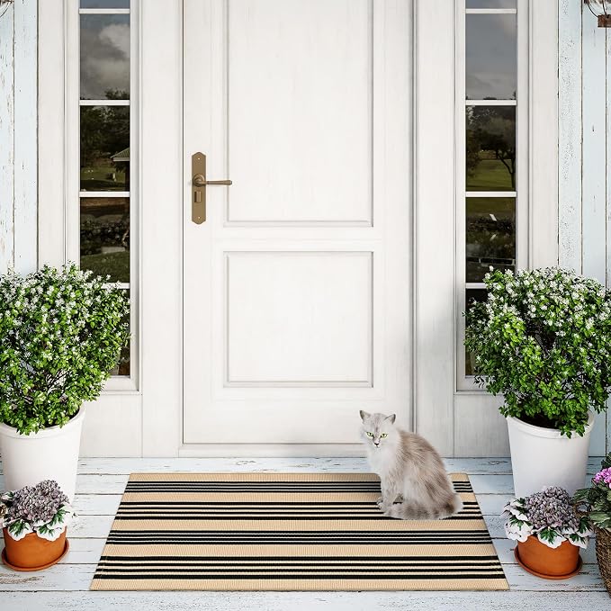 Striped Outdoor Front Door Mat 24"x51", Cotton Hand Woven Washable Black and