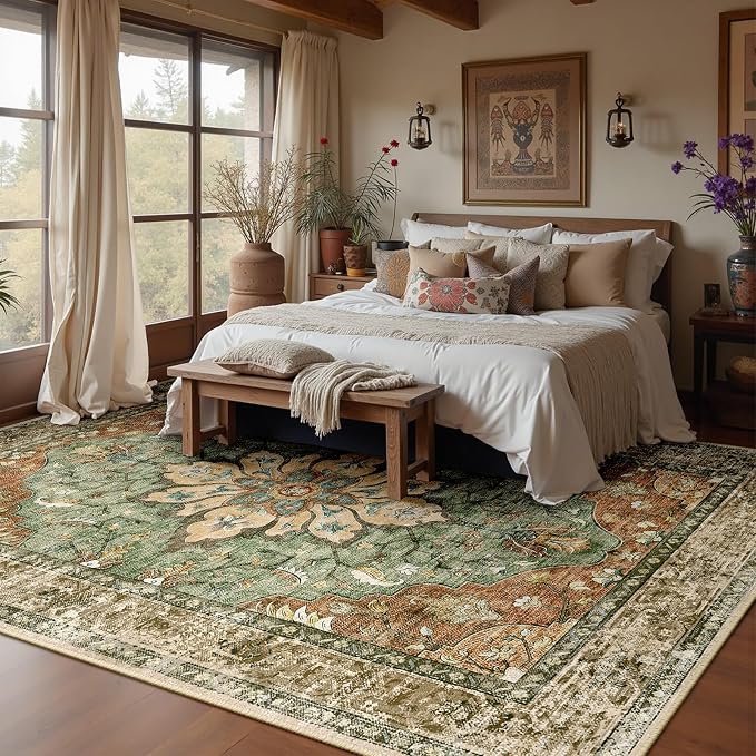 RELEANY Area Rugs 8'x10' Washable Non-Slip, Floral Vintage Distress Medallion