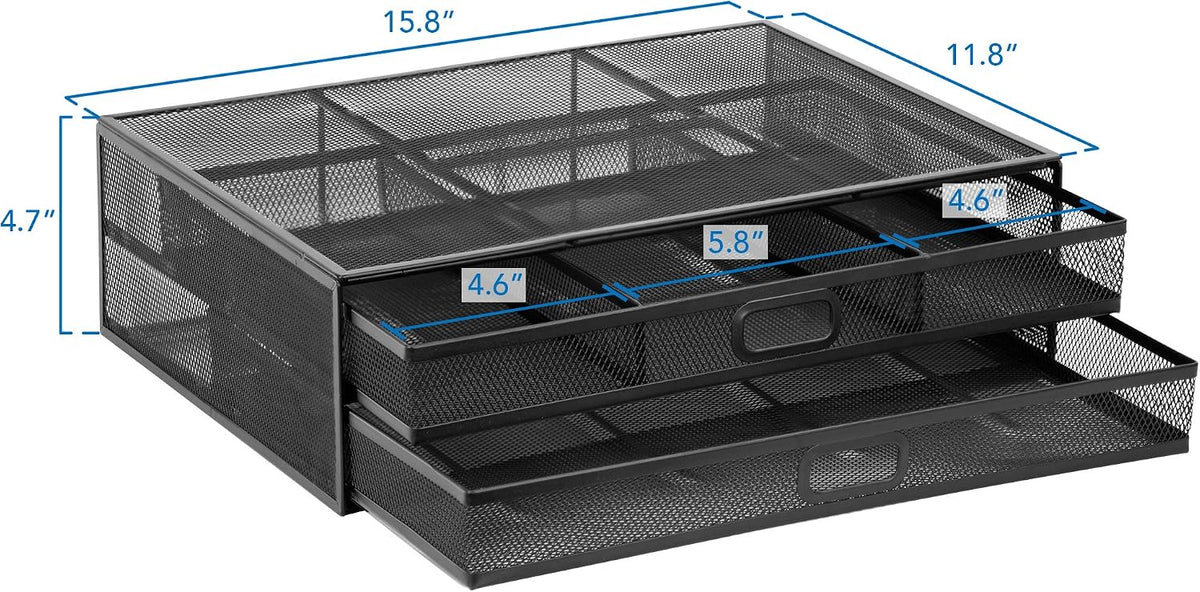 MOUNT-IT! Computer Monitor Stand With Drawers, Metal Mesh Riser and Organizer for Laptops and Computer Screens, Laptop, and Printer Accessories and Office Supplies (Black)