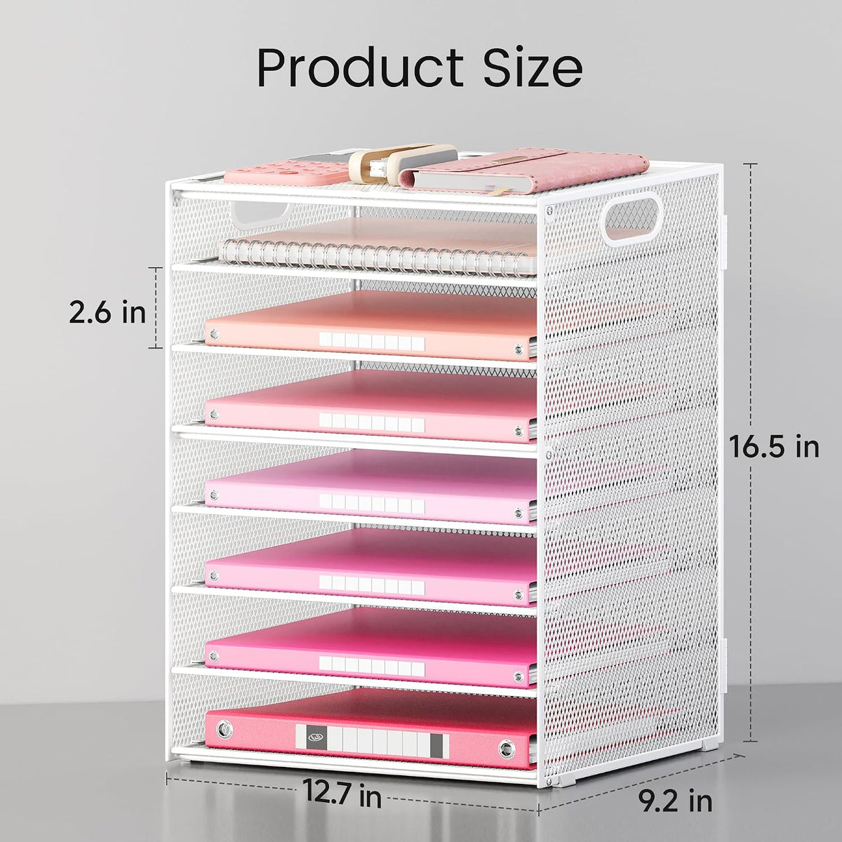 Lavatino 8-Tier Letter Tray Desk Paper Organizer, Mesh File Tray Organizer for Desk, Office Supplies & Home Organization, Fits A4 Paper, Mail, Magazines and Office Accessories (White with Handle)