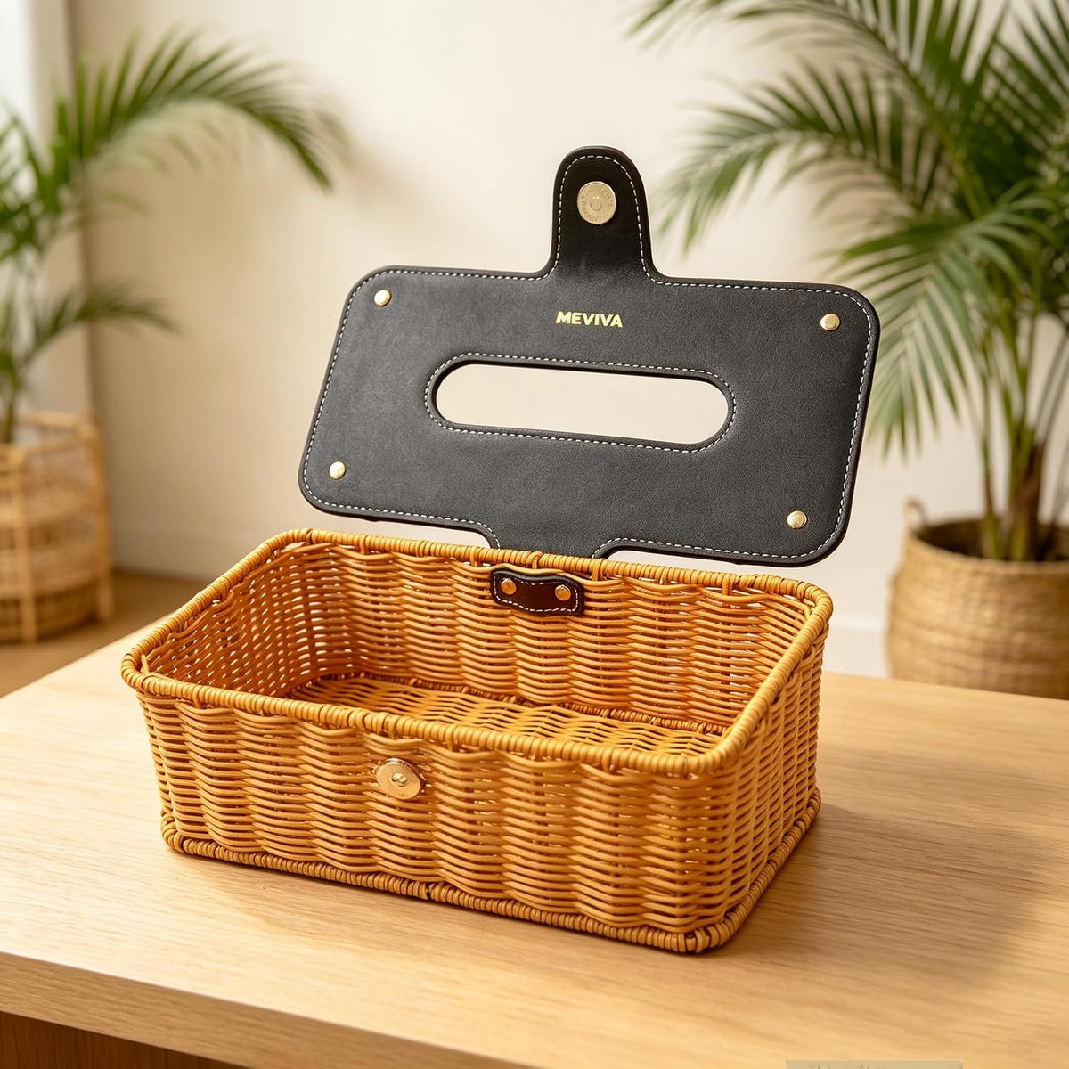 Handmade Rattan Tissue Box Holder with PU Leather Lid