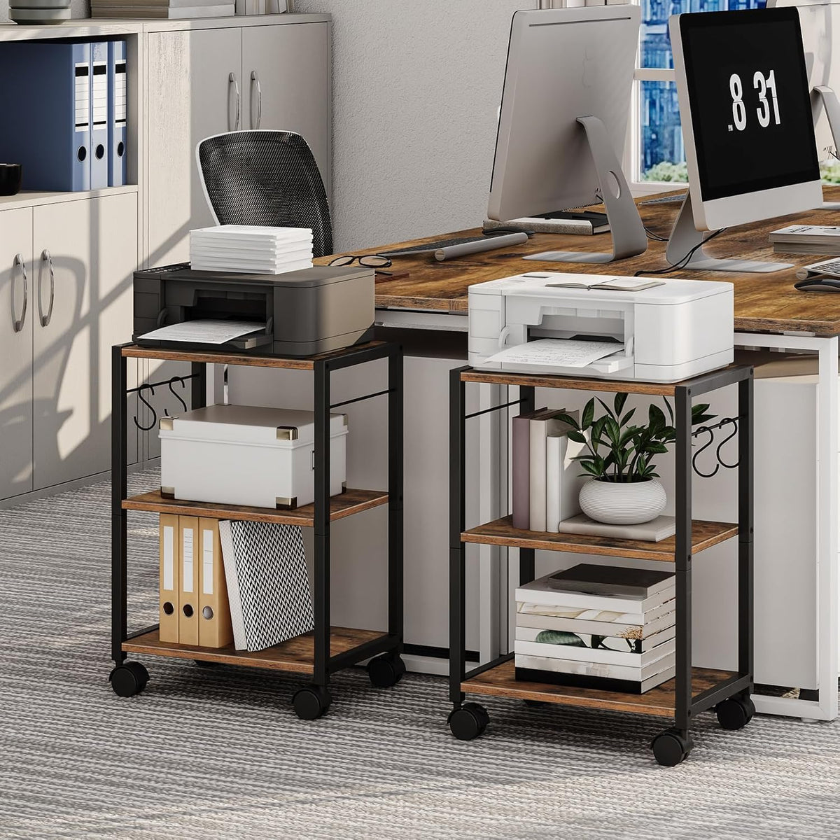 MAHANCRIS Printer Stand, 3-Tier Under Desk Rolling Cart with Storage Shelf, Heavy Duty Printer Table with Wheels for Home and Office, Printer Shelf with 2 Hooks, Small Spaces, Rustic Brown PTHR4001Z
