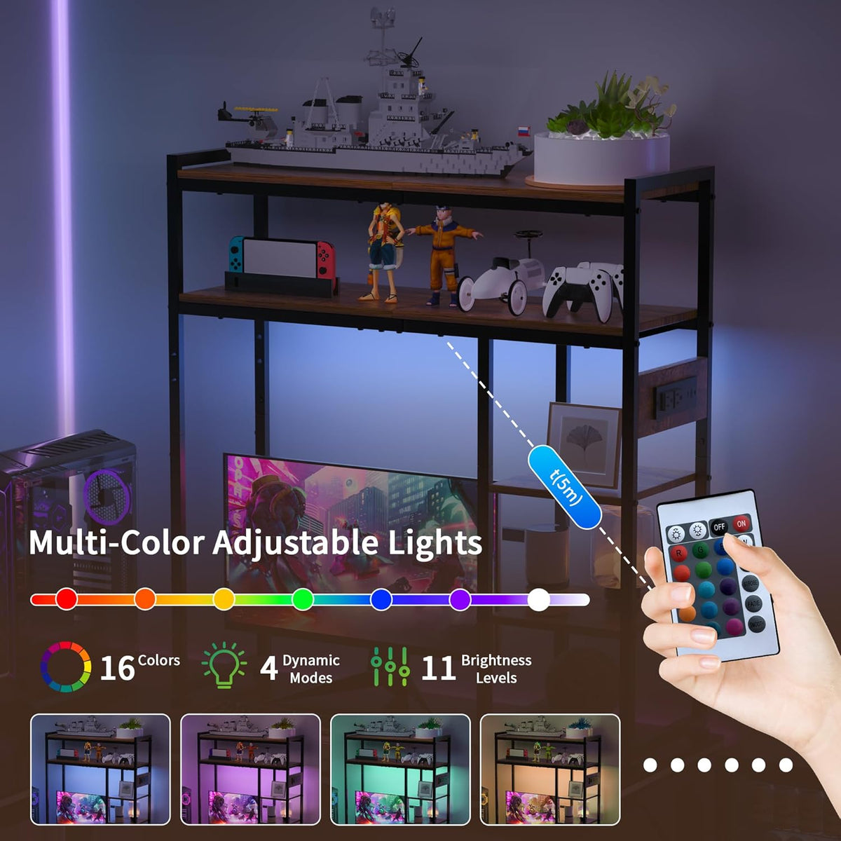 Aetheris Desktop Organizer Shelf, 30" Wooden Office Storage Rack with Outlets, Display Shelf Rack with Light Strip, 5 Tier Desktop Display Rac, Desk Shelf, Desk Hutch for Computer Monitor, Brown