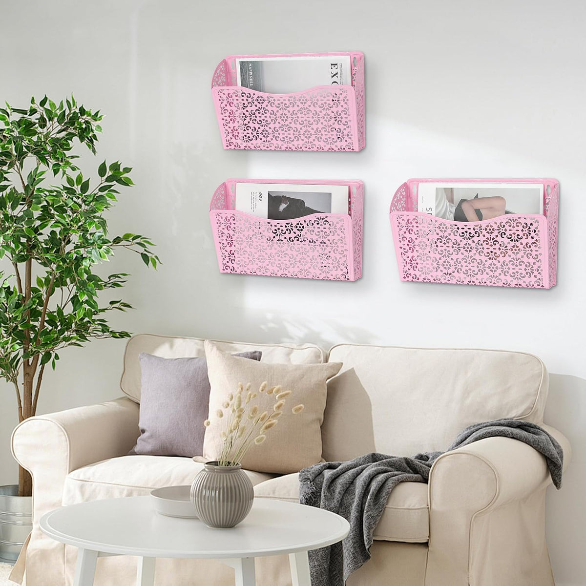 EasyPAG 3 Single Wall Mount File Organizer Vertical Metal Wall Pocket File Holder for Office, Home, School, Pink