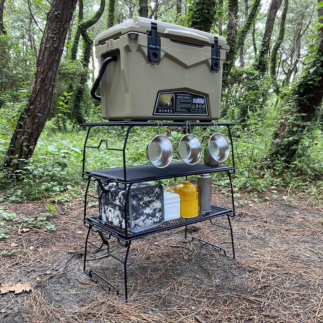 CAMPINGMOON Stacking rack Iron ground rack Two-stage folding rack Expanded metal table JP-T-238-2T Black Large