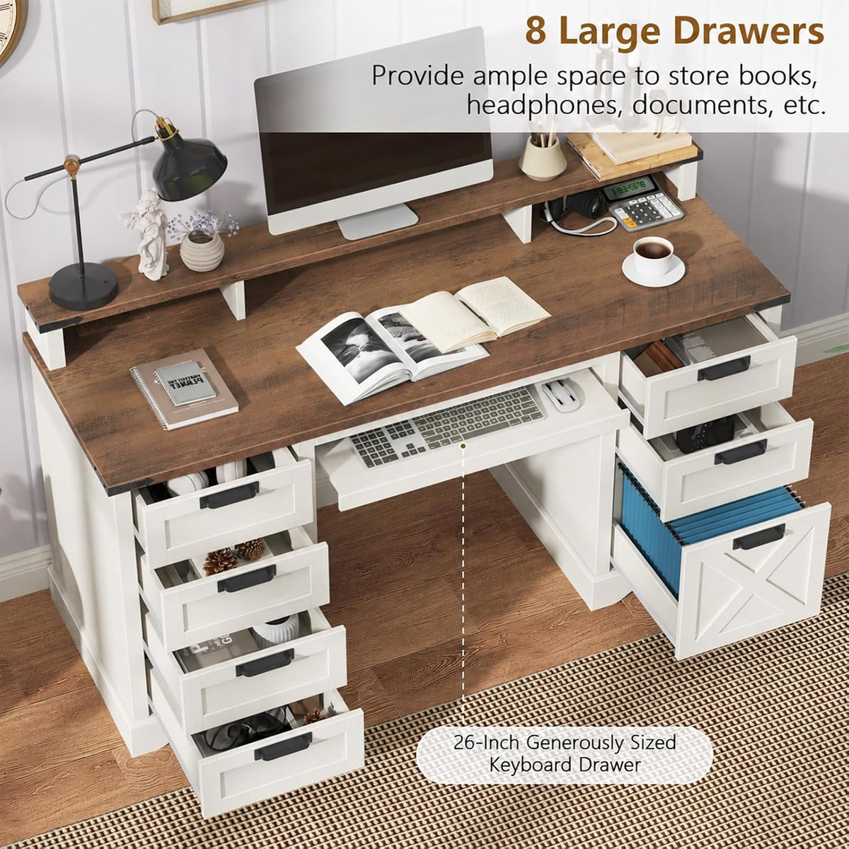 Halitaa 60" Farmhouse Executive Desk with 8 Drawers, Rustic White and Brown