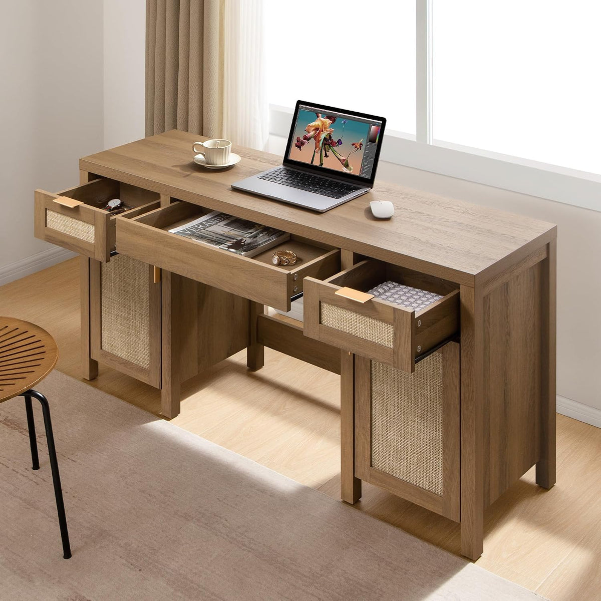 SICOTAS Rattan Vanity Home Office Desk 52" Vanity Table with 3 Drawers